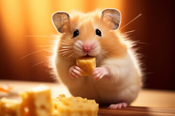A hamster eating a tiny piece of cheese, focus on the paws and food