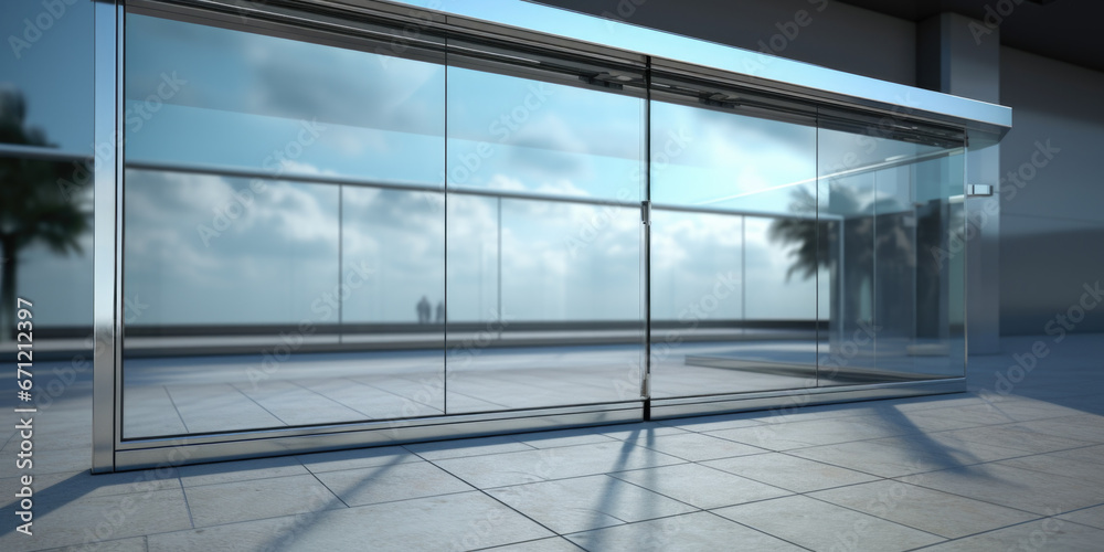Poster a picture of a glass wall with a palm tree in the background. this image can be used to depict moder