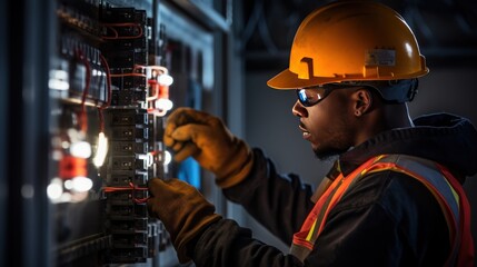 Black male  electrician at work on a fuse box, adorned in safety gear, demonstrating professionalism, generative ai.