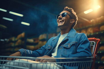 A man wearing sunglasses sitting comfortably in a shopping cart. This image can be used to depict a fun and carefree shopping experience or to showcase a unique and stylish individual. - obrazy, fototapety, plakaty