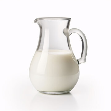 Glass jug of fresh milk on white wooden table with blue background. Copy space.