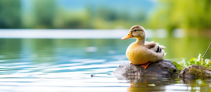 A lovely duck is positioned beside the peaceful lake featured with a gently blurred backdrop