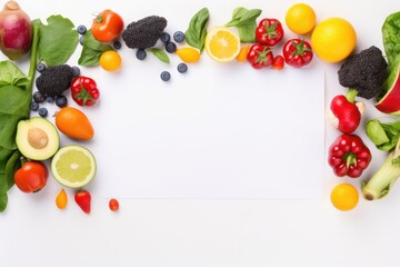various fruits and vegetables frame on white background, copy space