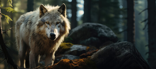 Intense-Eyed Wolf Amidst Sunlit Forest Ambiance