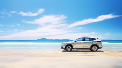 Fototapeta na wymiar Silver SUV on the beach, farther view blue sky landscape, with copy space, traveling concept.