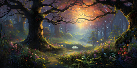 Animated magical forest with large trees, thick trunks and lush branches. Fairy lights float, illuminating dense, colorful vegetation with luminous flora. Lush greenery.
