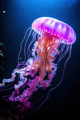 A jellyfish swimming, focus on the tentacles and colors. Vertical photo