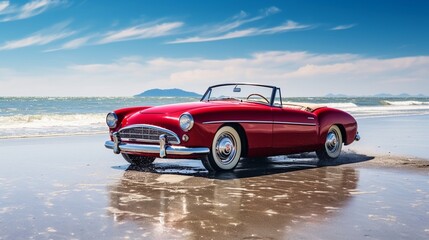 A fancy red car parked along beautiful broad beach under blue clear sky, with copy space, travel concept landscape scene.