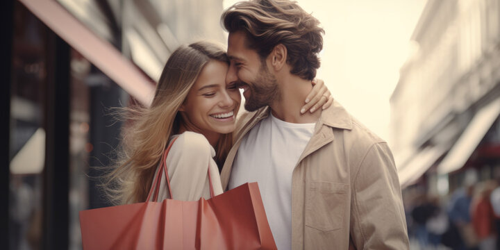 A picture of a man and a woman holding shopping bags. Perfect for illustrating shopping, consumerism, retail therapy, or couple activities.