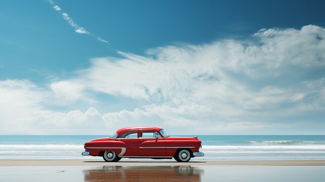 A fancy red car parked along beautiful broad beach under blue clear sky, with copy space, travel concept landscape scene.