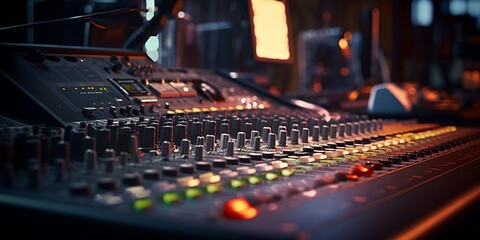 Professional Sound studio scene. Intricate audio equipment, Audio mixing console in a streaming,...