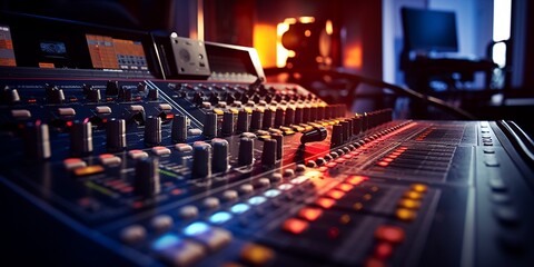 Professional Sound studio scene. Intricate audio equipment, Audio mixing console in a streaming, live broadcast, or recording session. Channel faders close up. SIde view. shallow depth of field. - obrazy, fototapety, plakaty