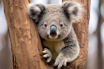 A koala clinging to a tree, focus on the paws and expression