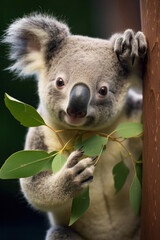 A koala eating eucalyptus leaves, focus on the paws and foliage, vertical photo