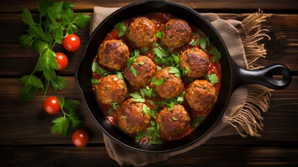 Meatballs served with tomato sauce in frying pan - obrazy, fototapety, plakaty