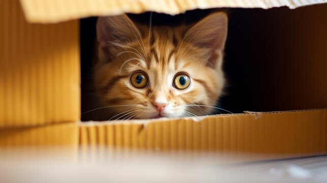 Playful and curious kitten cat looking at the camera from inside of a paper box, cat hiding inside of a paper box.