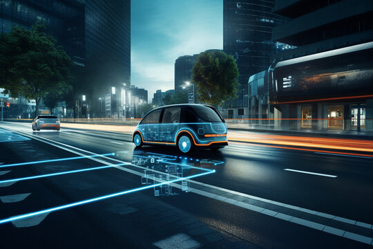 A self-driving car navigating a city street, illustrating AI's role in autonomous vehicles, creativity with copy space