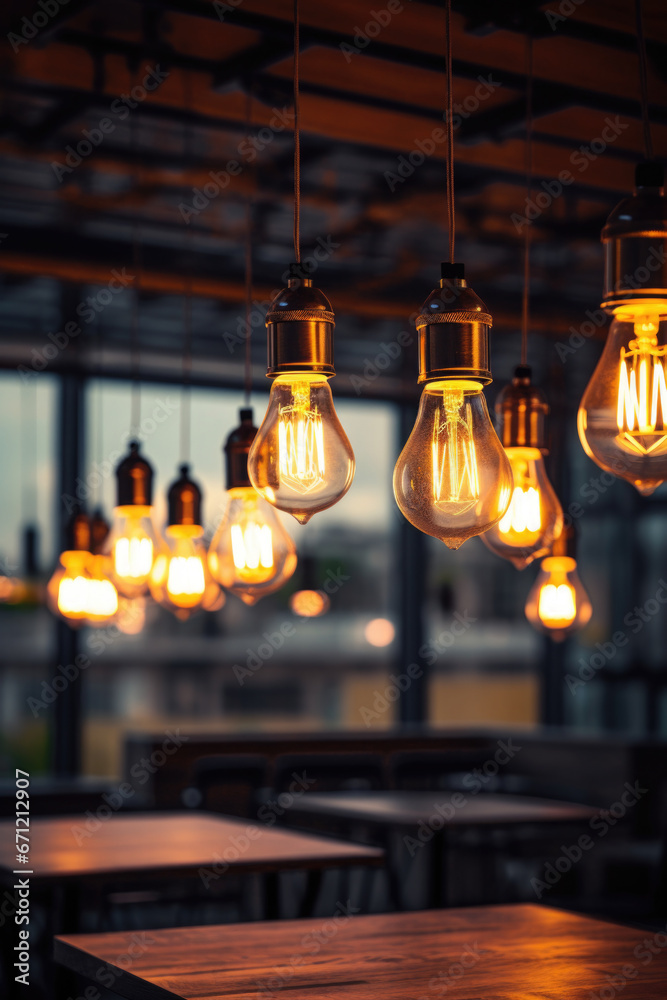 Poster A cluster of light bulbs suspended from a ceiling. Perfect for adding a unique and modern touch to any space.