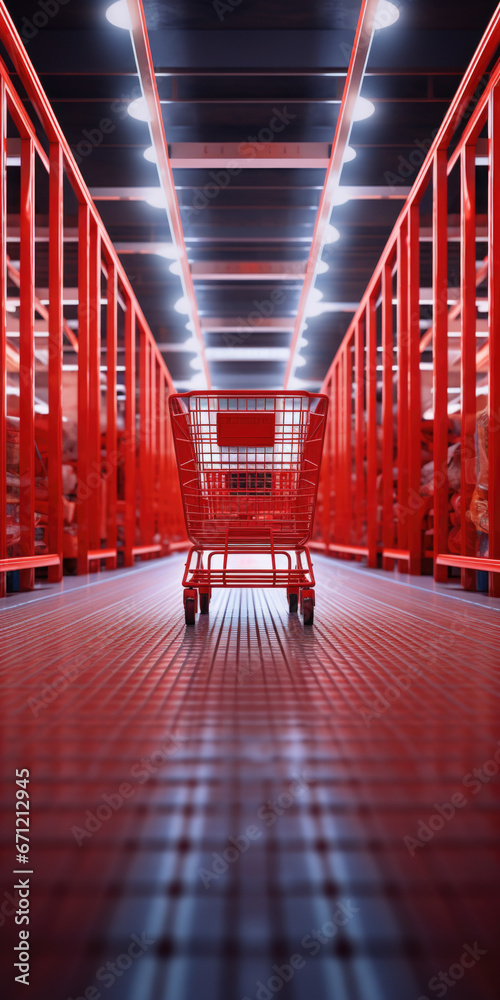 Poster a shopping cart is sitting in the middle of a room. this versatile image can be used to represent co