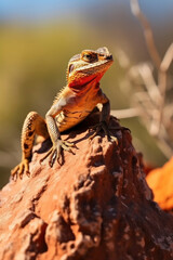 A lizard sunbathing on a rock, focus on the scales. Vertical photo