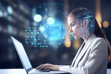 A virtual assistant on a laptop screen responding to user queries, exemplifying AI in natural language processing, creativity with copy space