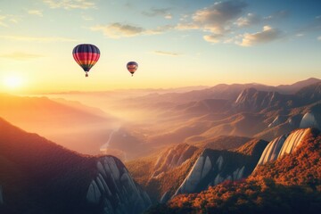 Sonnenuntergang über Berglandschaft mit Heißluftballons, Sunset over mountain landscape with hot air balloons