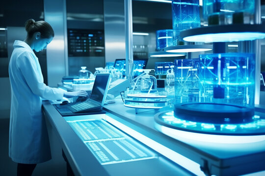 A scientist working on AI research in a modern laboratory, surrounded by high-tech equipment, creativity with copy space