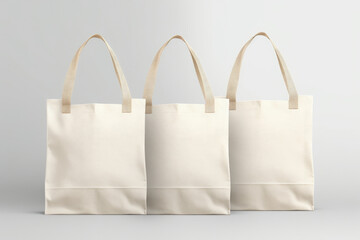 Three white tote bags are neatly arranged next to each other. Perfect for promotional giveaways or as reusable shopping bags.