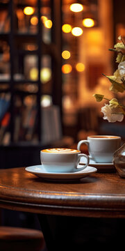 A Simple And Elegant Coffee Table Adorned With Two Cups Of Coffee And A Vase Of Fresh Flowers. Perfect For Adding A Touch Of Beauty To Any Space.