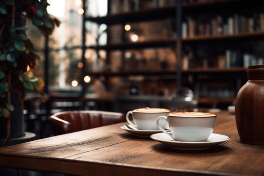 Two cups of coffee sitting on a wooden table. This image can be used to depict a cozy coffee break or a meeting over coffee.