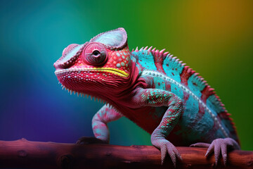 A pet chameleon on a colorful background, focus on the color change and texture