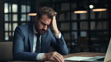 businessman in depression, anxiety and high stress situation. Worries and concerned about company future in crisis situation. Corporate man with mental struggle and psychological issues. - obrazy, fototapety, plakaty