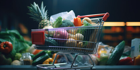 A shopping cart filled with a variety of fresh fruits and vegetables. Perfect for illustrating healthy eating, grocery shopping, or meal planning.