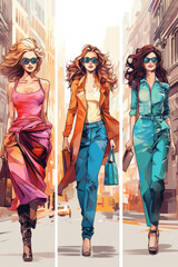 Naklejka premium Three women walking down a city street. Suitable for lifestyle, urban, and diversity-themed projects.