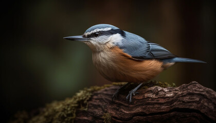A striped nuthatch perching on a branch, looking tranquil generated by AI