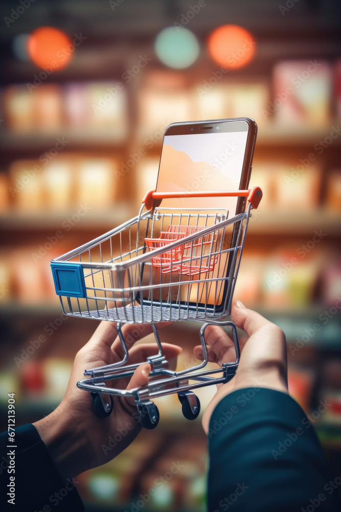 Aufkleber a person is seen holding a shopping cart with a phone inside. this image can be used to depict onlin