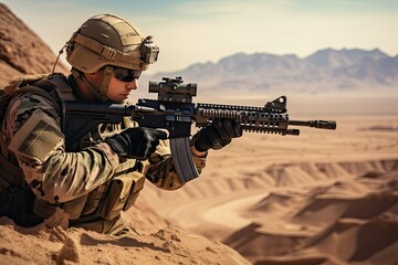 A man in a military uniform with a machine gun aims at a target in the desert, in the Middle East.