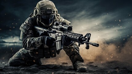 A man in military uniform, a masked soldier holding a machine gun, ready to shoot during combat operations, war - obrazy, fototapety, plakaty