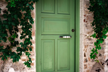 cozy street view of the olive green color wooden door in the stone wall covered with wild grape and...