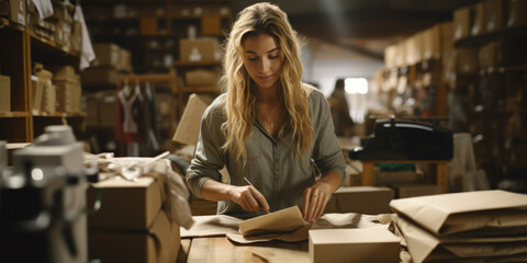 A woman is seen working in a warehouse surrounded by numerous boxes. This image can be used to depict warehouse operations, logistics, or manual labor.