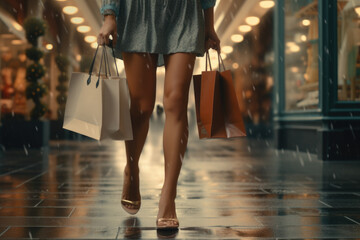 A woman is captured walking down the street with shopping bags. This image can be used to illustrate shopping, retail therapy, city life, or fashion concepts.