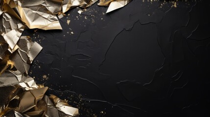pieces of gold foil on a black background with space for text.