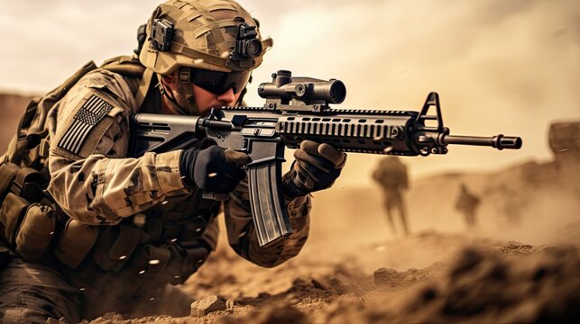 special forces soldier, soldier in uniform lies on the ground, holds a machine gun, aims to shoot during combat operations in the desert, war, special operation