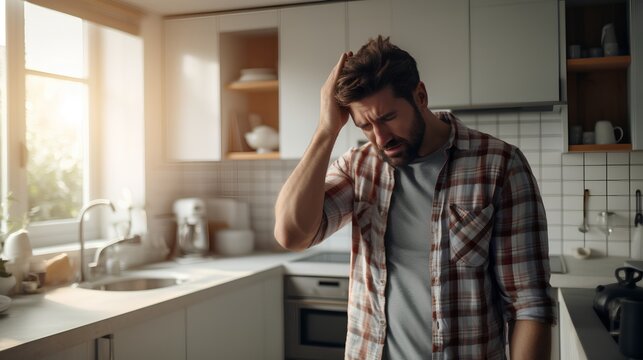Frustrated, broken and headache overstimulated man standing in kitchen. Depression and sadness in postpartum condition. Struggle and bad thoughts for father in home. No hope and life after a big loss.