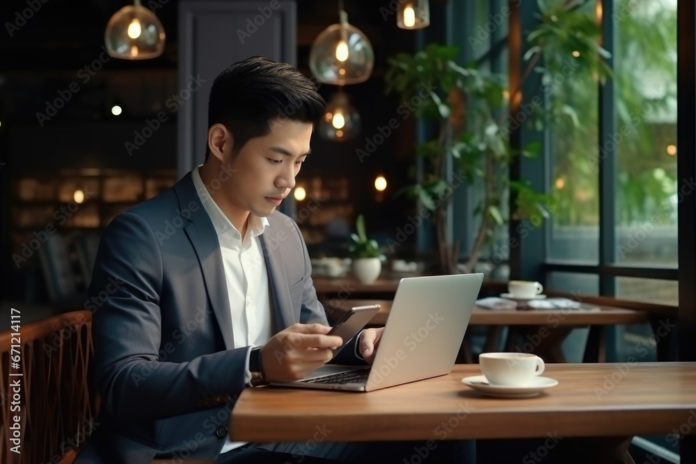 Poster A man is sitting at a table and using a laptop computer. This image can be used to depict technology, work, remote work, or online communication.