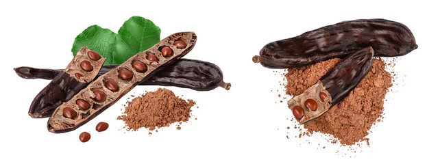 Carob pod and powder isolated on white background with full depth of field. - obrazy, fototapety, plakaty