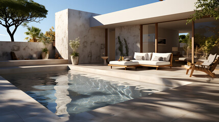 a pool backyard with a light concrete wall with a modern sofa