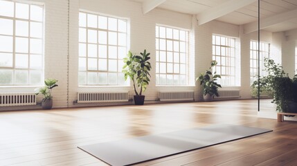 yoga mat on wooden floor in empty yoga studio - obrazy, fototapety, plakaty
