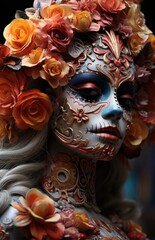 portrait of a woman with colorful detailed Dia de los muertos makeup
