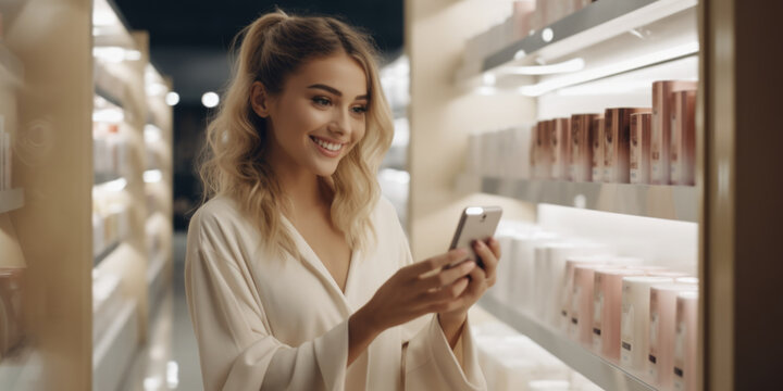A woman is seen looking at her cell phone while inside a store. This image can be used to depict modern technology usage and consumer behavior in retail environments.